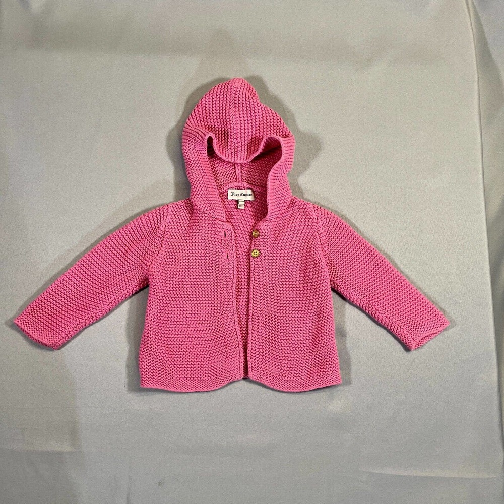 JUICY COUTURE Hooded Knit Sweater Girls Size 12-18 Months Pink Designer Cardigan